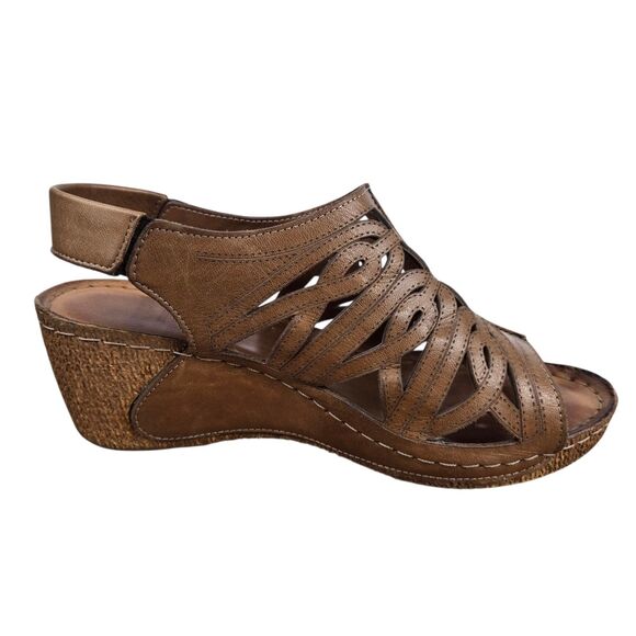 Karyoka Brown Leather Cutout Wedge Sandals Sz 38 US 7.5 - 8 Boho Beach - Picture 9 of 15